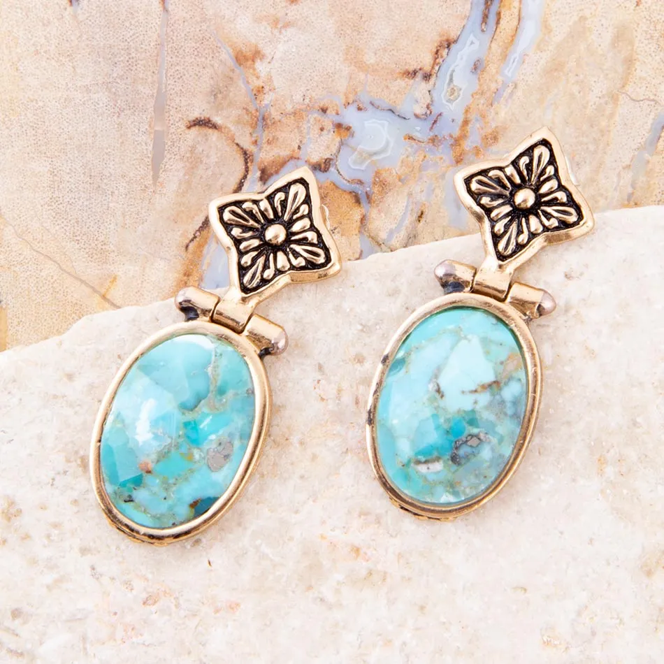 Golden Flower and Blue Turquoise Drop Earrings sold by Barse product image thumbnail 2