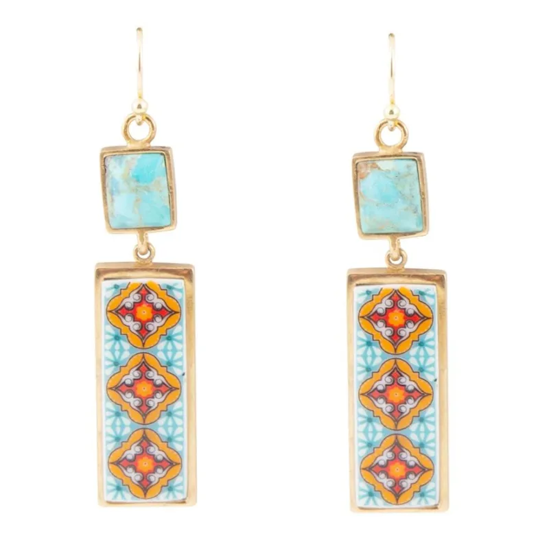 Talavera Tile and Blue Turquoise Golden Dangle Earrings sold by Barse