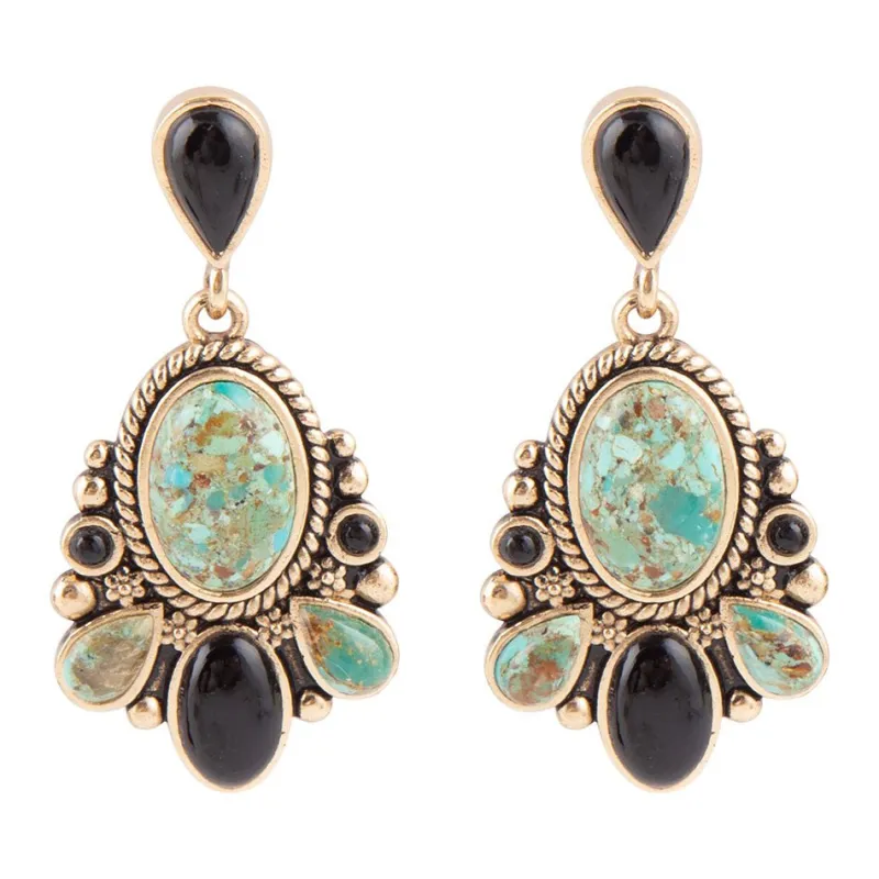 Barcelona Blue Turquoise and Black Onyx Post Drop Golden Earrings sold by Barse