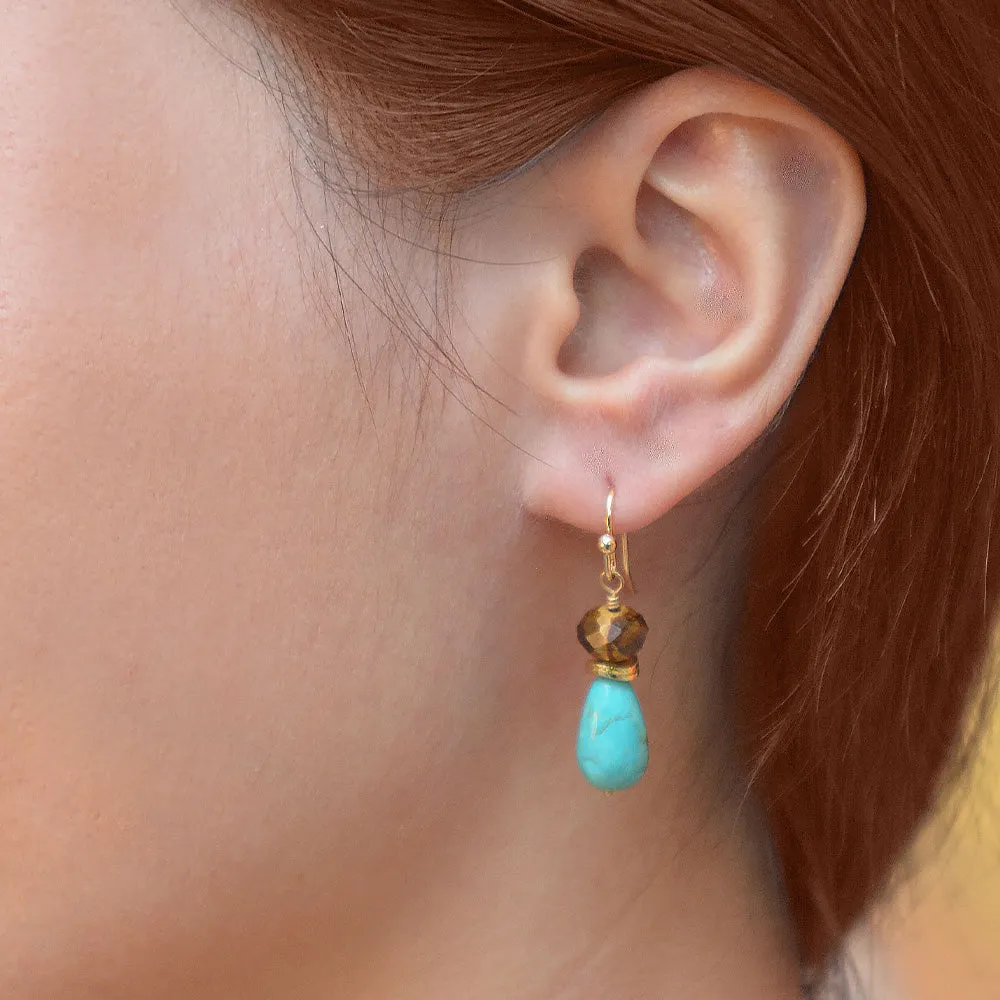 Brown Smoky Tiger's Eye and Turquoise Double Drop Earrings sold by Barse product image thumbnail 2