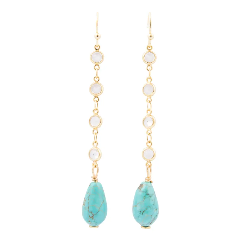 Blue Turquoise and Cubic Zirconia Golden Drop Earrings sold by Barse