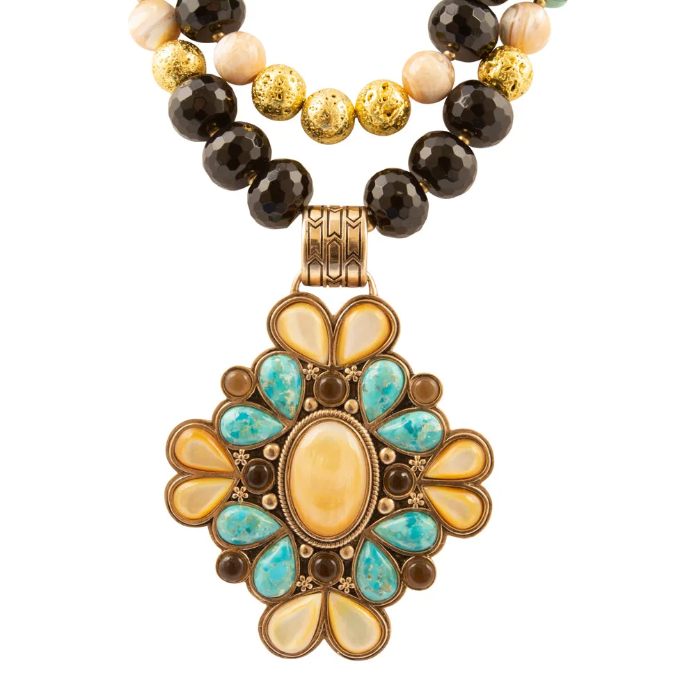Barcelona Blue Turquoise and Caramel Mother of Pearl Golden Pendant Necklace sold by Barse