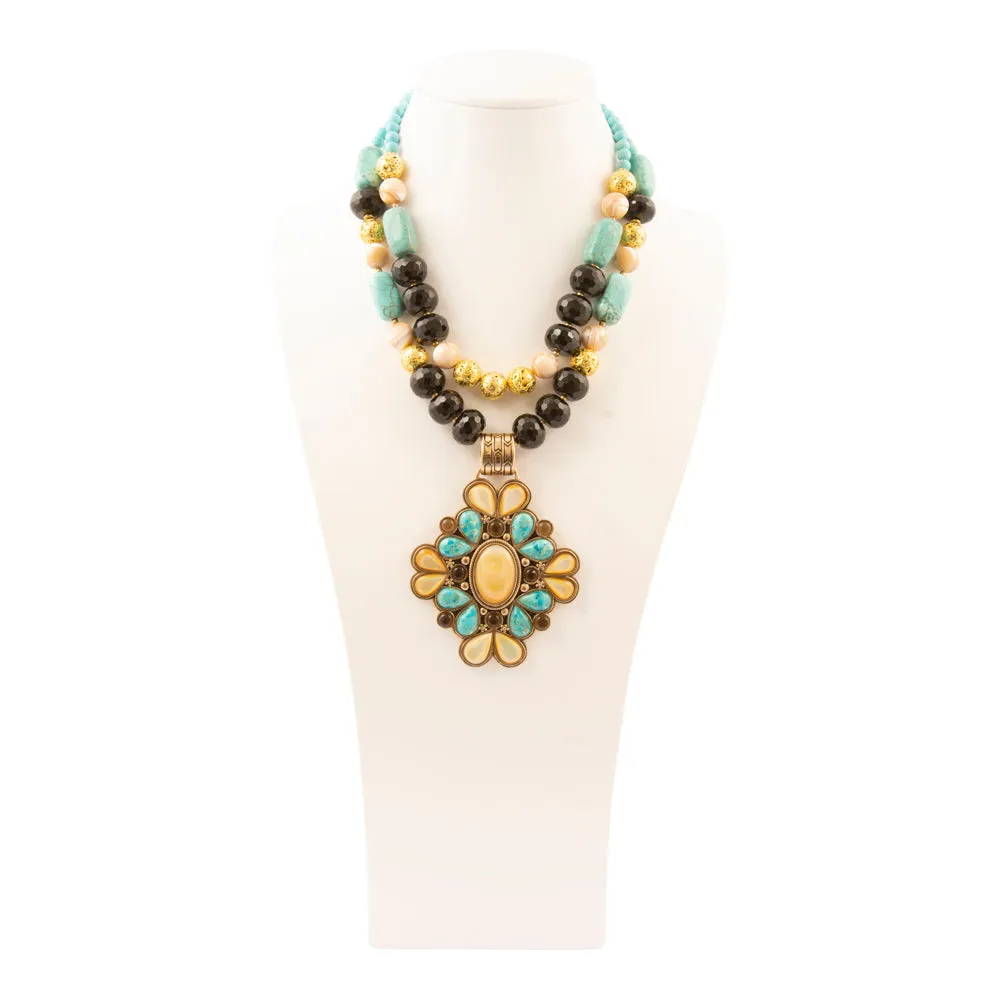 Barcelona Blue Turquoise and Caramel Mother of Pearl Golden Pendant Necklace sold by Barse product image thumbnail 5