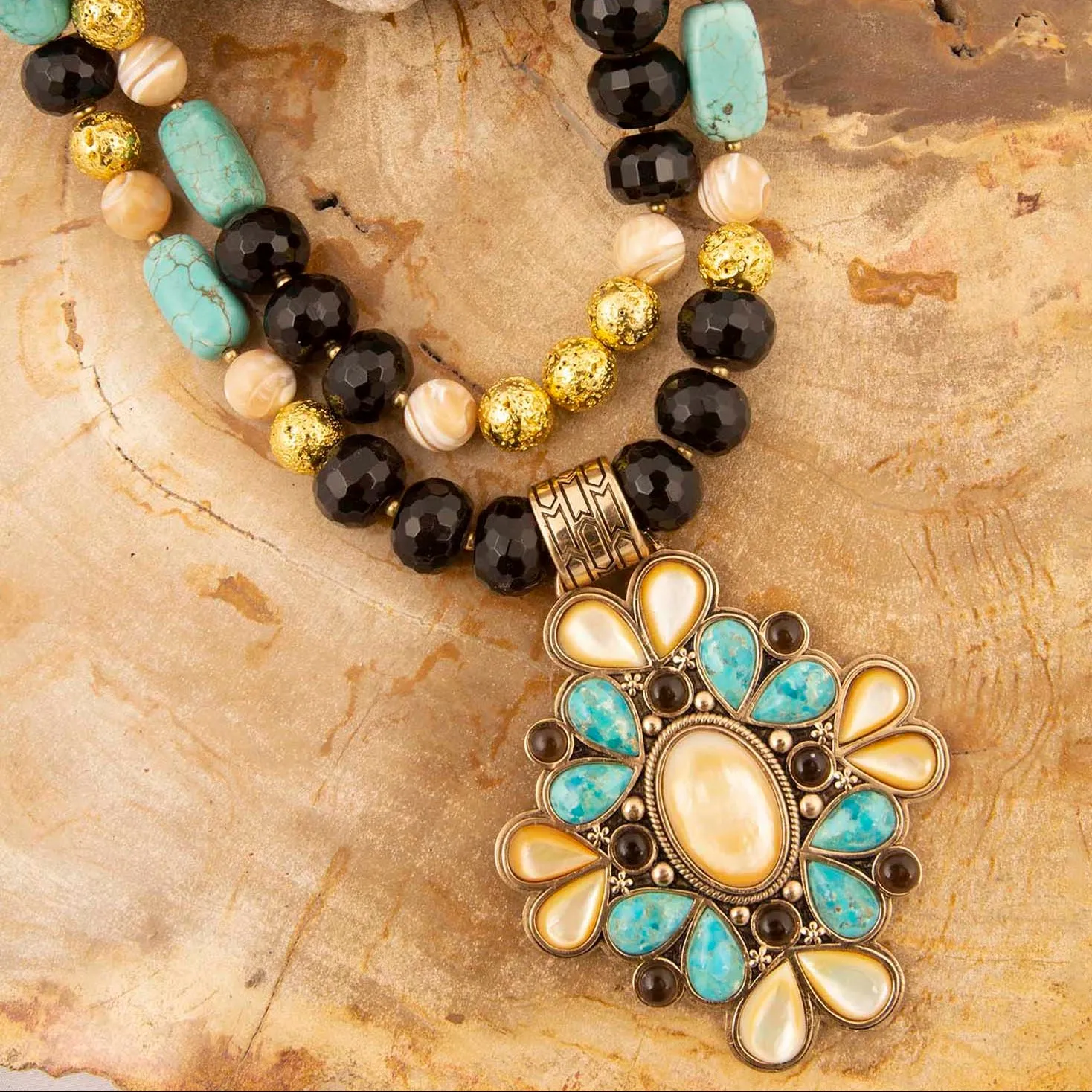 Barcelona Blue Turquoise and Caramel Mother of Pearl Golden Pendant Necklace sold by Barse product image thumbnail 4