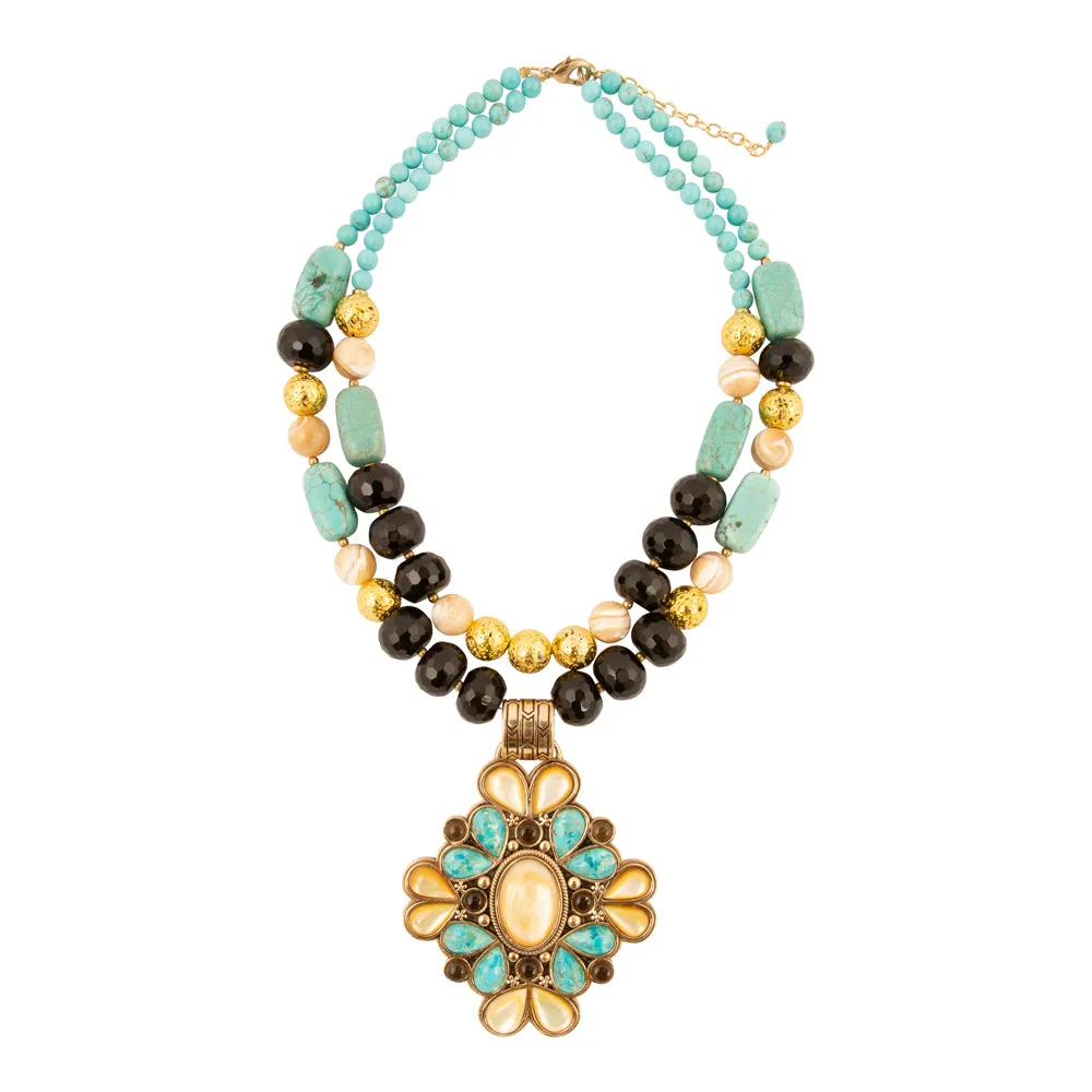 Barcelona Blue Turquoise and Caramel Mother of Pearl Golden Pendant Necklace sold by Barse product image thumbnail 3