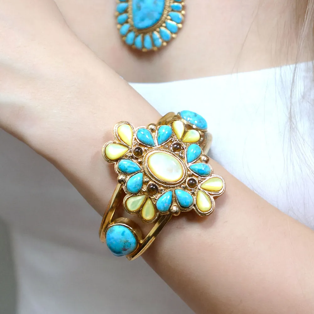 Barcelona Blue Turquoise and Caramel Mother of Pearl Golden Cuff Bracelet sold by Barse product image thumbnail 2