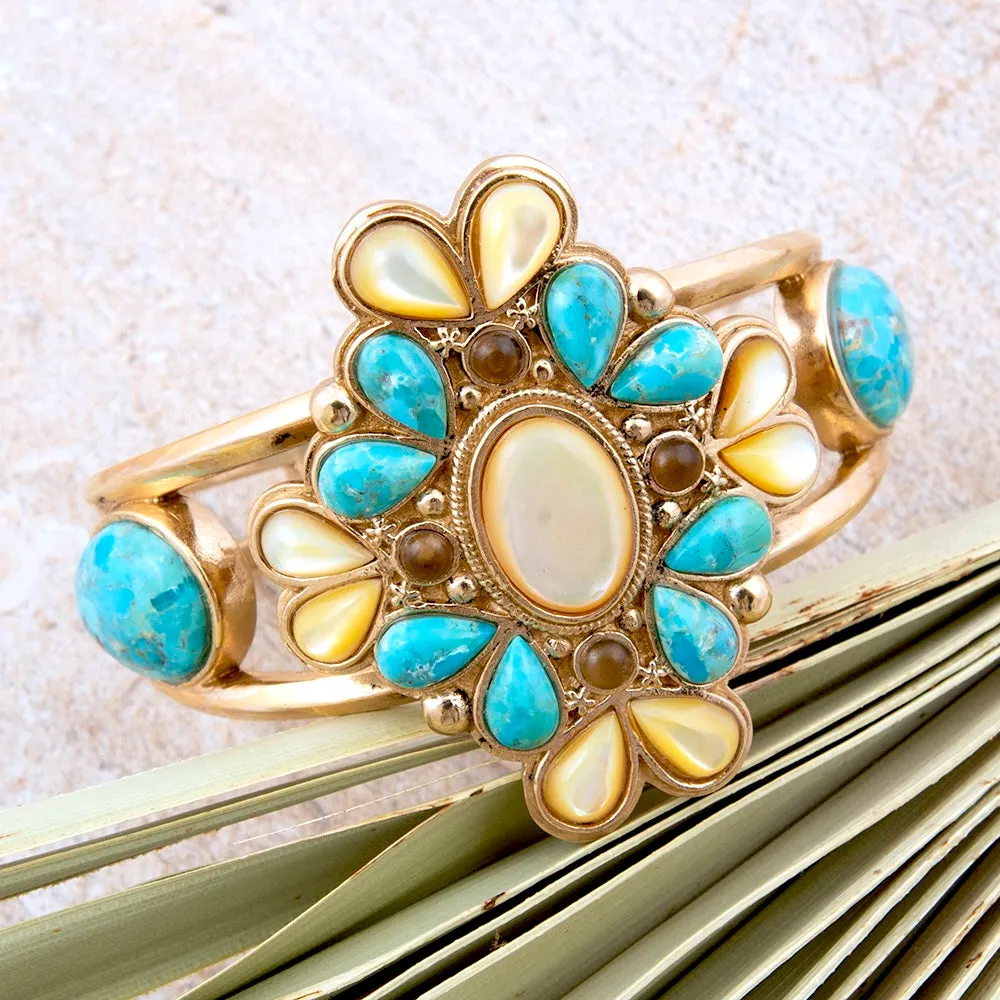 Barcelona Blue Turquoise and Caramel Mother of Pearl Golden Cuff Bracelet sold by Barse product image thumbnail 3