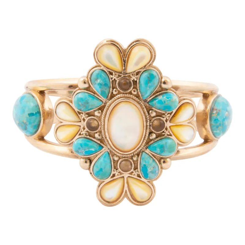 Barcelona Blue Turquoise and Caramel Mother of Pearl Golden Cuff Bracelet sold by Barse