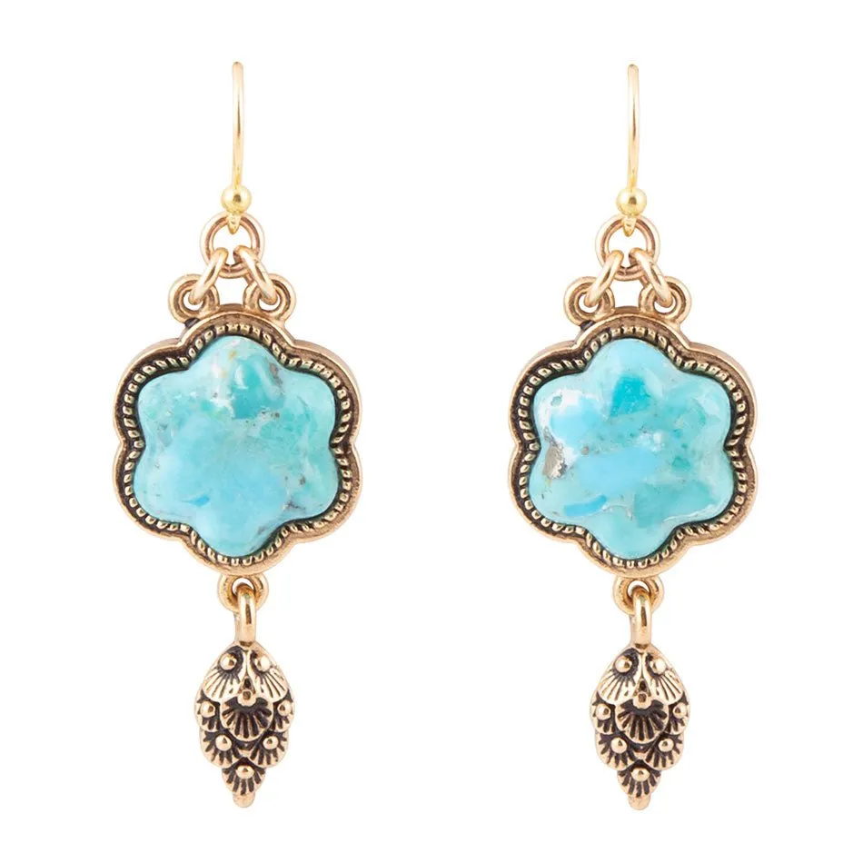 Blue Turquoise Flower Golden Drop Earrings sold by Barse