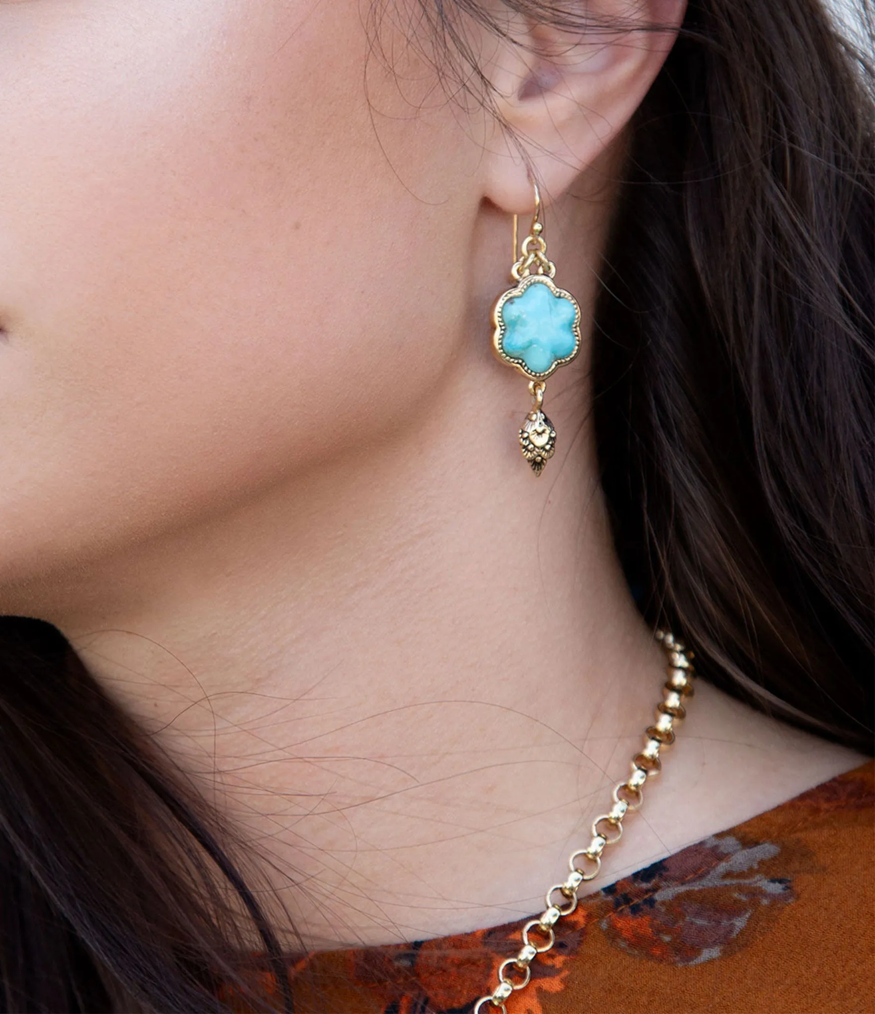 Blue Turquoise Flower Golden Drop Earrings sold by Barse product image thumbnail 2