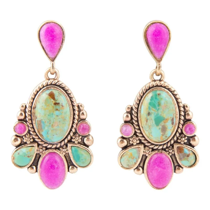Barcelona Blue Turquoise and Pink Agate Golden Drop Earrings sold by Barse