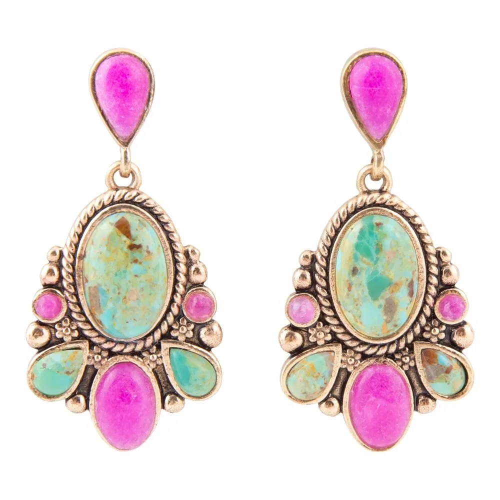 Barcelona Blue Turquoise and Pink Agate Golden Drop Earrings sold by Barse