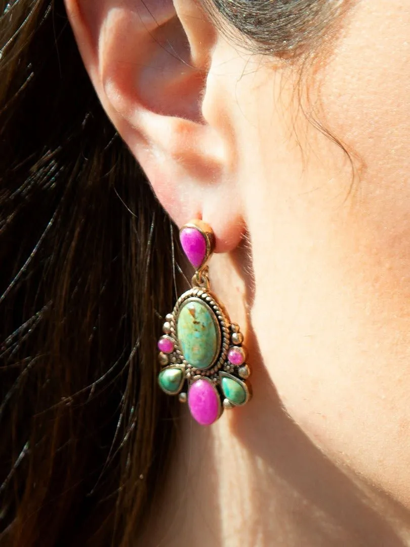 Barcelona Blue Turquoise and Pink Agate Golden Drop Earrings sold by Barse product image thumbnail 5
