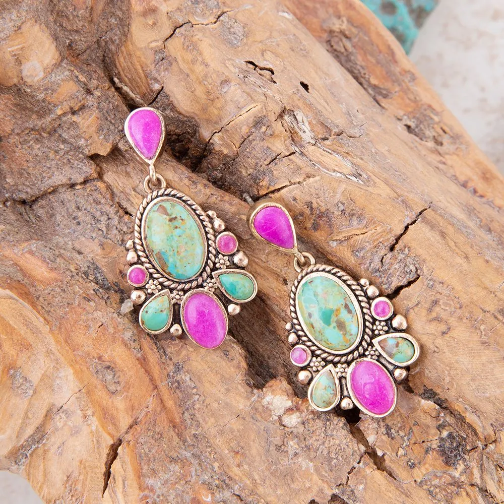 Barcelona Blue Turquoise and Pink Agate Golden Drop Earrings sold by Barse product image thumbnail 3