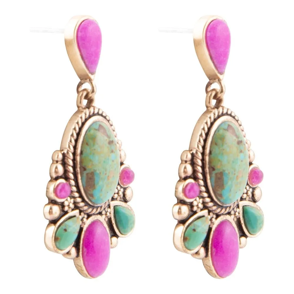 Barcelona Blue Turquoise and Pink Agate Golden Drop Earrings sold by Barse product image thumbnail 4