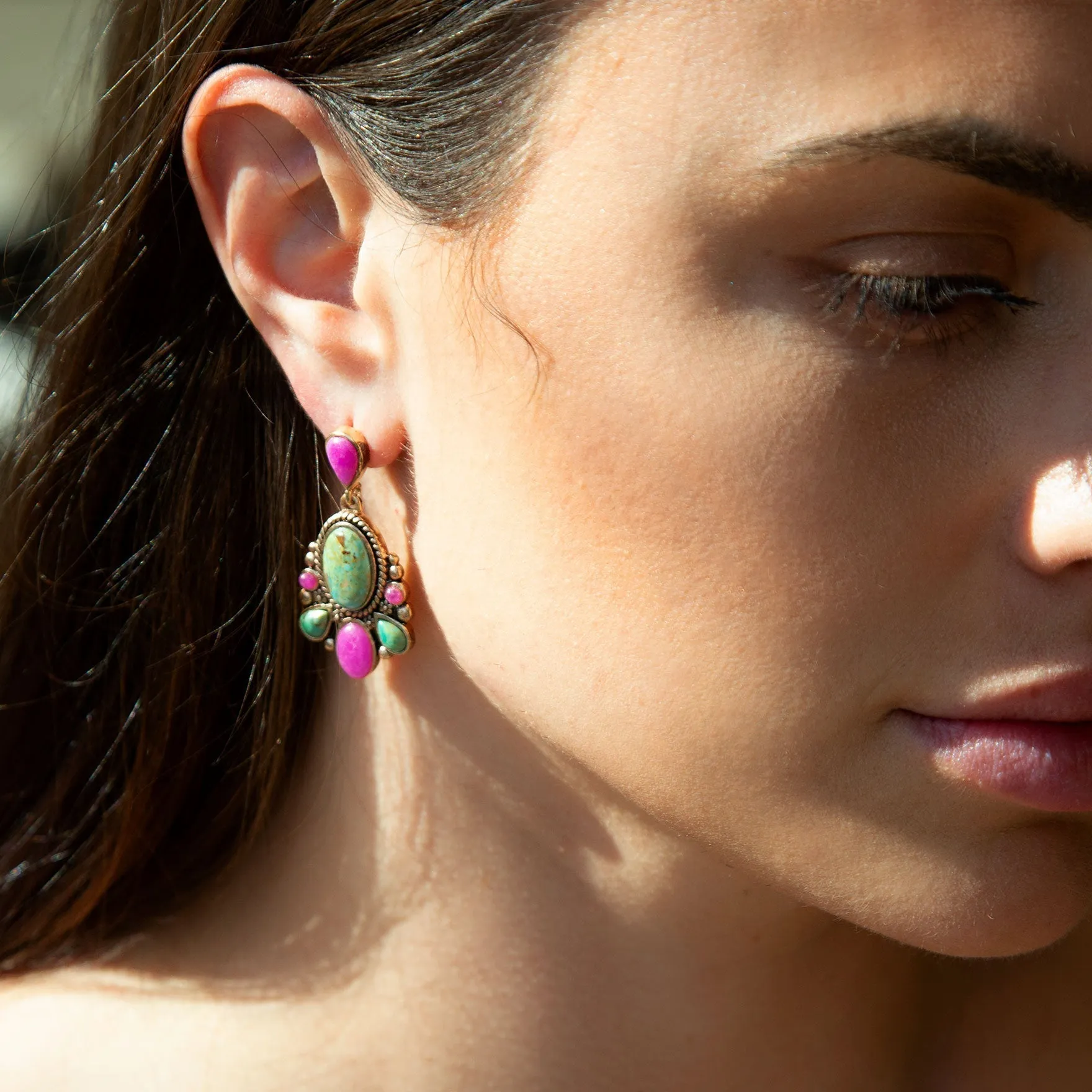 Barcelona Blue Turquoise and Pink Agate Golden Drop Earrings sold by Barse product image thumbnail 2