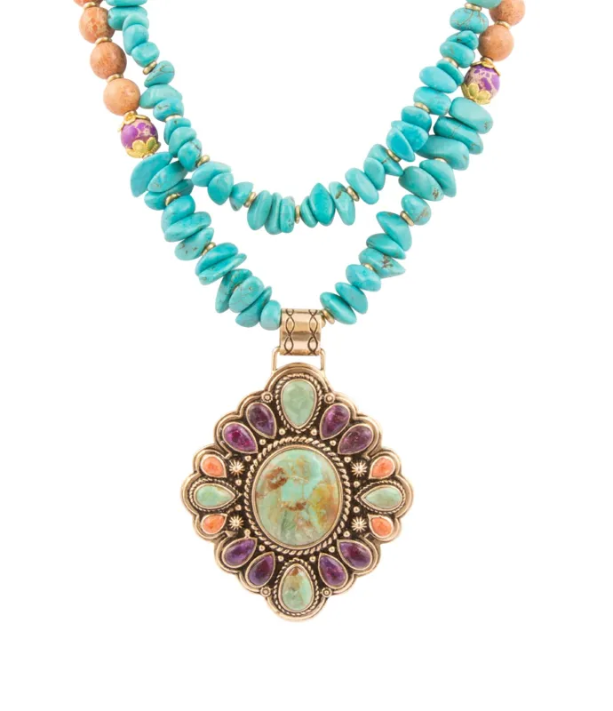 Prescott Blue Turquoise Purple and Orange Statement Pendant Golden Necklace sold by Barse