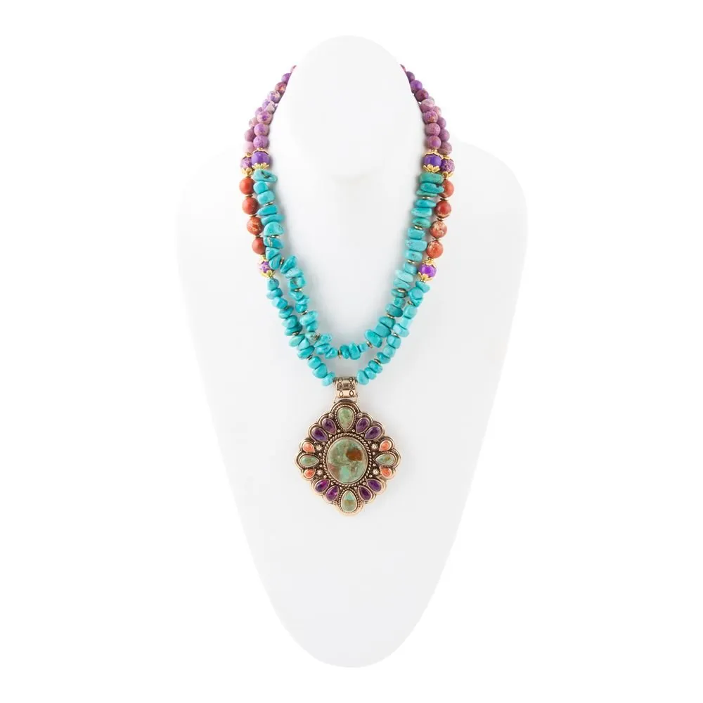 Prescott Blue Turquoise Purple and Orange Statement Pendant Golden Necklace sold by Barse product image thumbnail 4