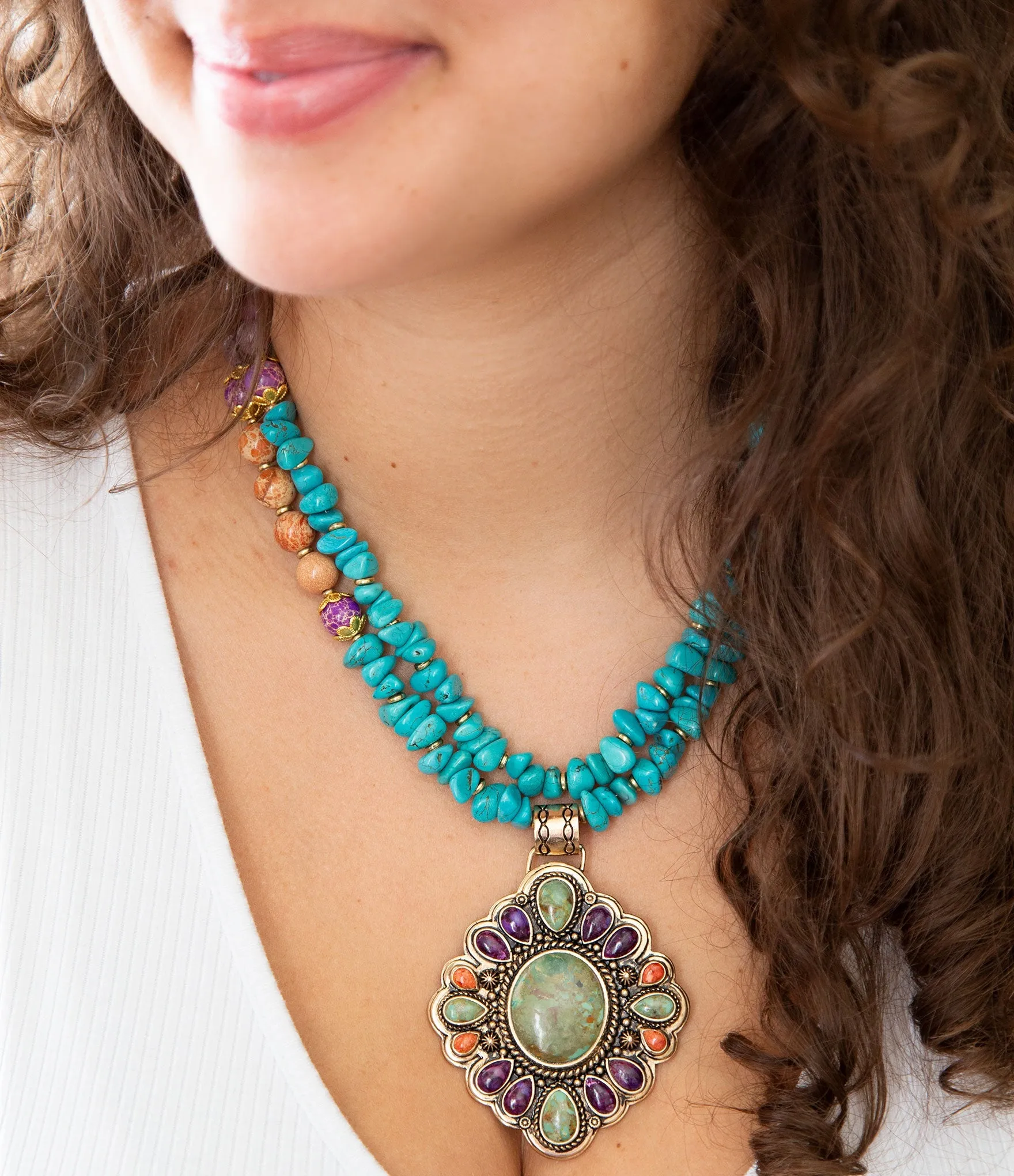 Prescott Blue Turquoise Purple and Orange Statement Pendant Golden Necklace sold by Barse product image thumbnail 2