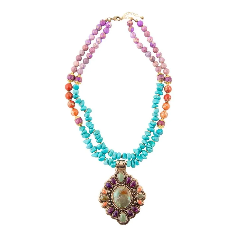 Prescott Blue Turquoise Purple and Orange Statement Pendant Golden Necklace sold by Barse product image thumbnail 5