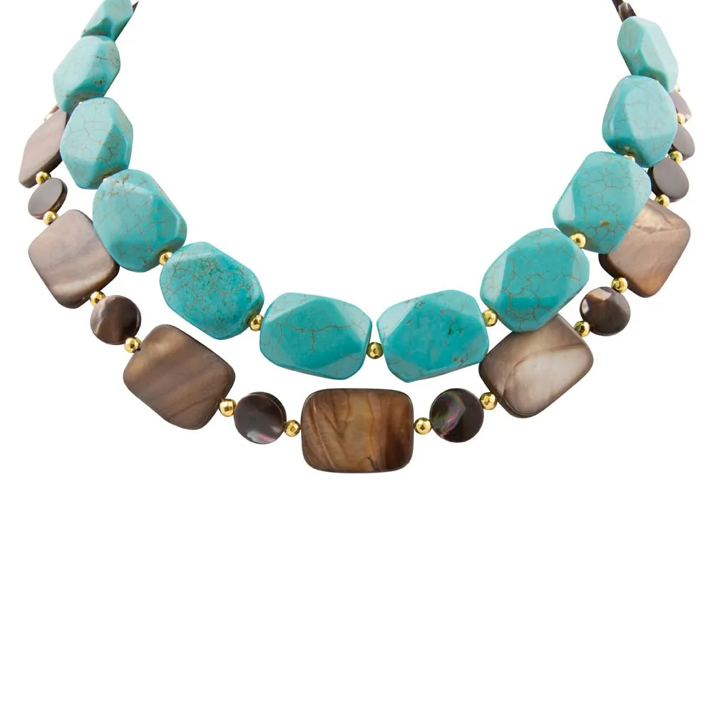Brown Tiger's Eye and Blue Turquoise Golden Statement Necklace sold by Barse