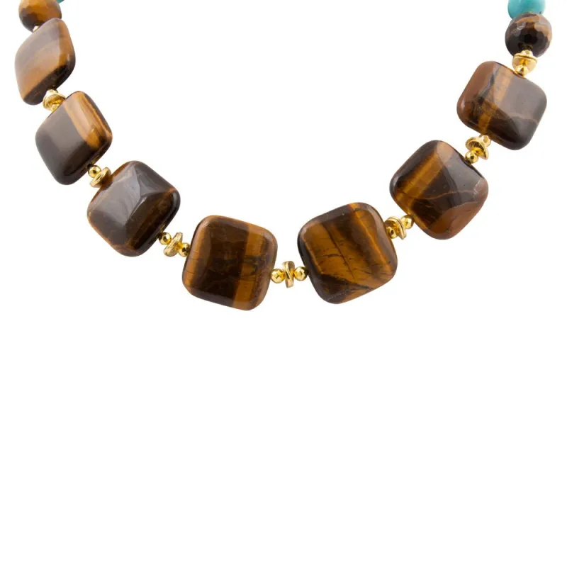 Blue Magnesite and Tiger's Eye Chunky Golden Necklace sold by Barse