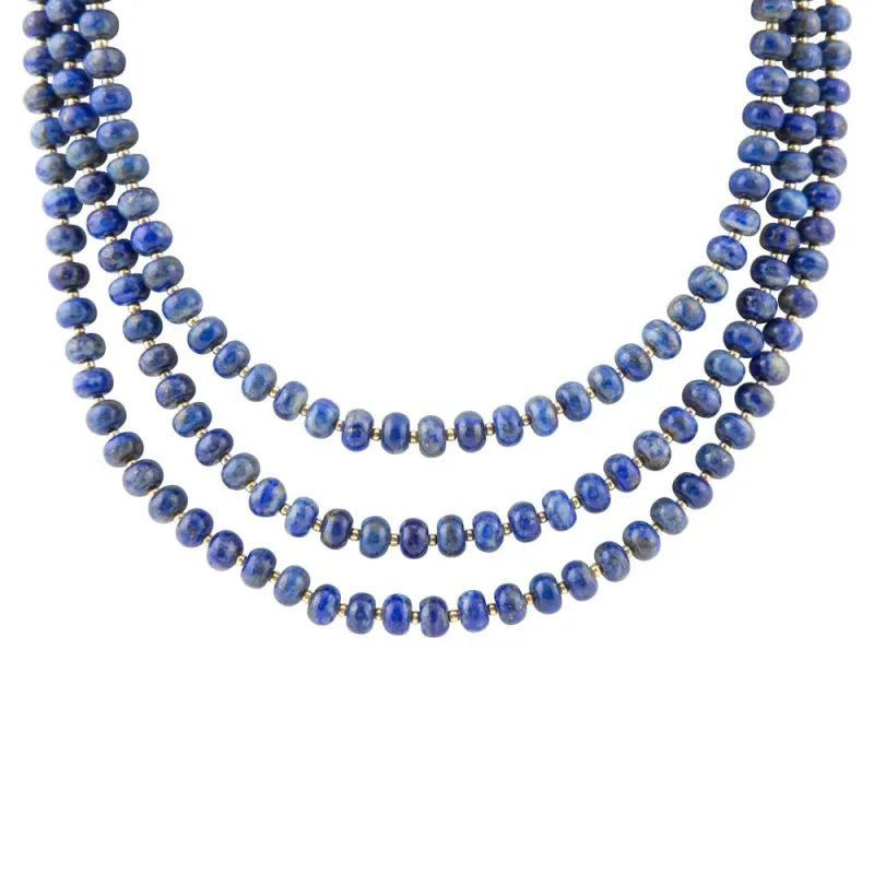Blue Lapis Triple Strand Golden Necklace sold by Barse
