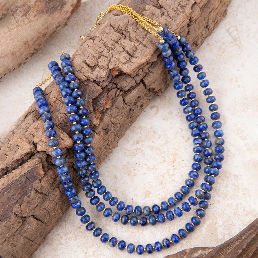 Blue Lapis Triple Strand Golden Necklace sold by Barse product image thumbnail 4