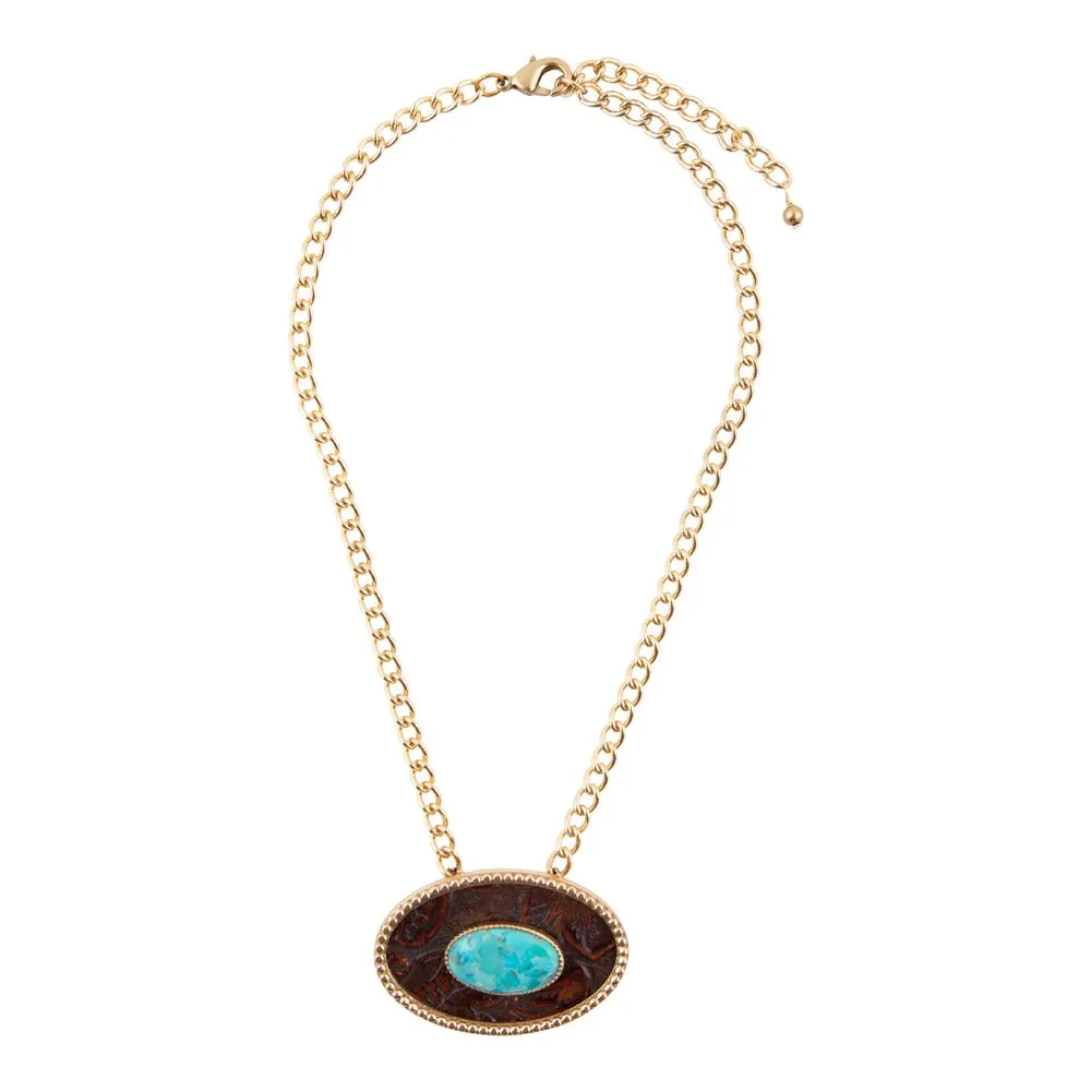 Blue Turquoise Rosette Leather Pendant Golden Chain Necklace sold by Barse product image thumbnail 4
