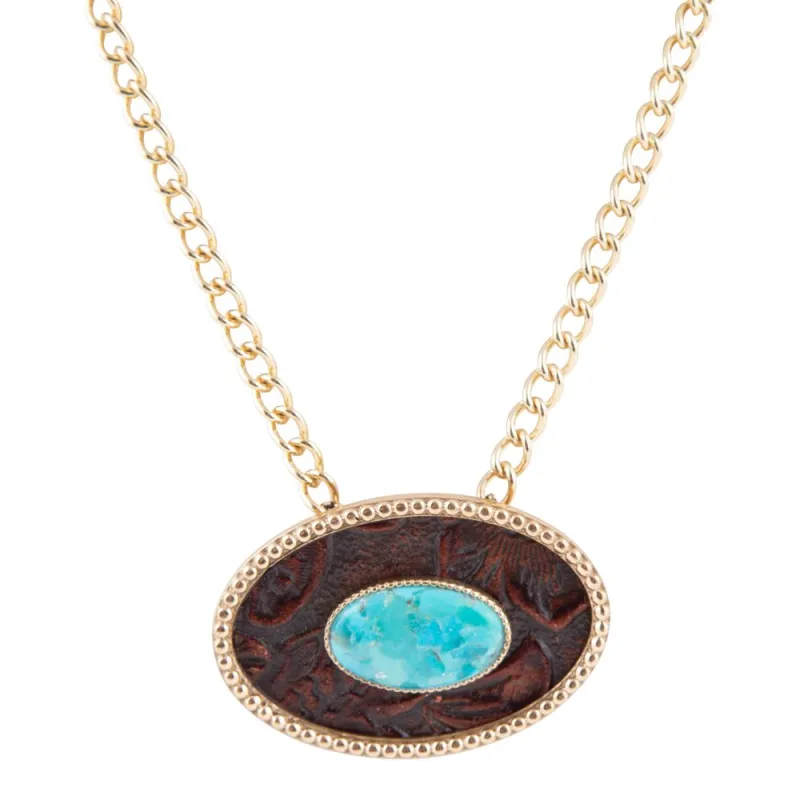 Blue Turquoise Rosette Leather Pendant Golden Chain Necklace sold by Barse