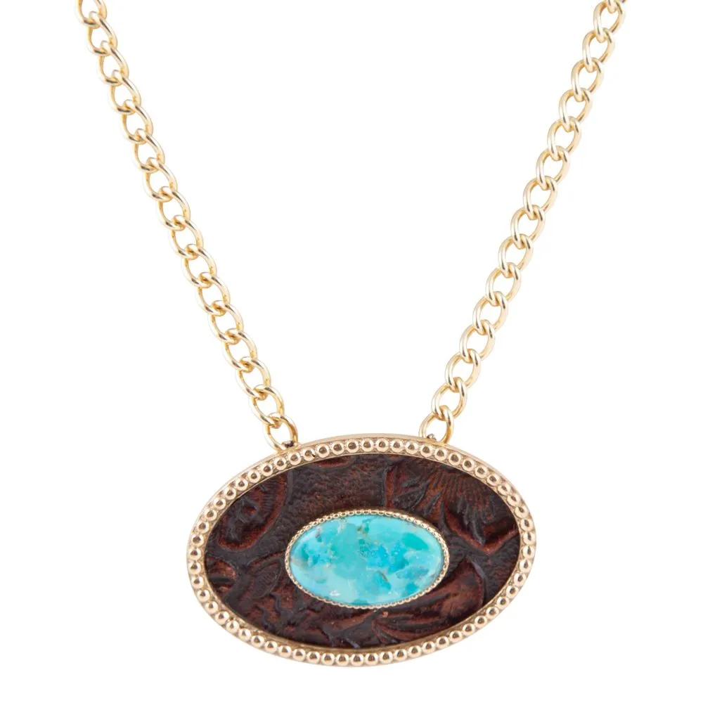 Blue Turquoise Rosette Leather Pendant Golden Chain Necklace sold by Barse