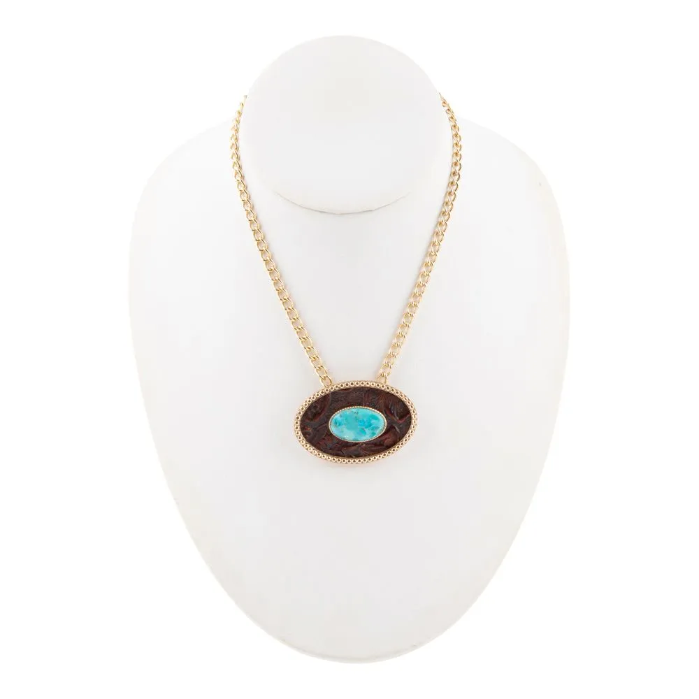 Blue Turquoise Rosette Leather Pendant Golden Chain Necklace sold by Barse product image thumbnail 5