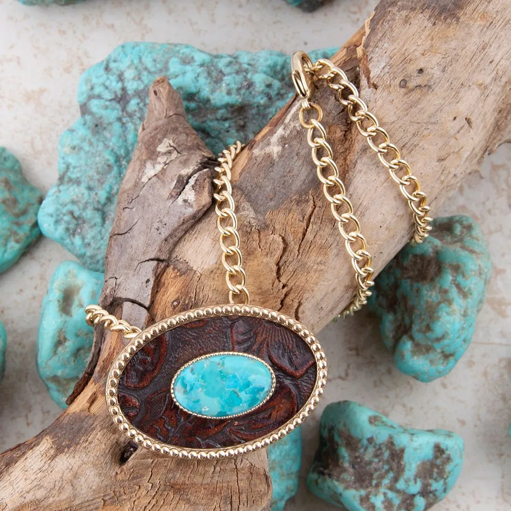 Blue Turquoise Rosette Leather Pendant Golden Chain Necklace sold by Barse product image thumbnail 3