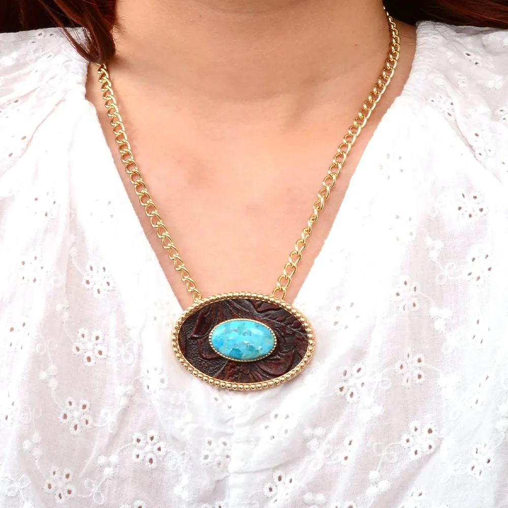 Blue Turquoise Rosette Leather Pendant Golden Chain Necklace sold by Barse product image thumbnail 2