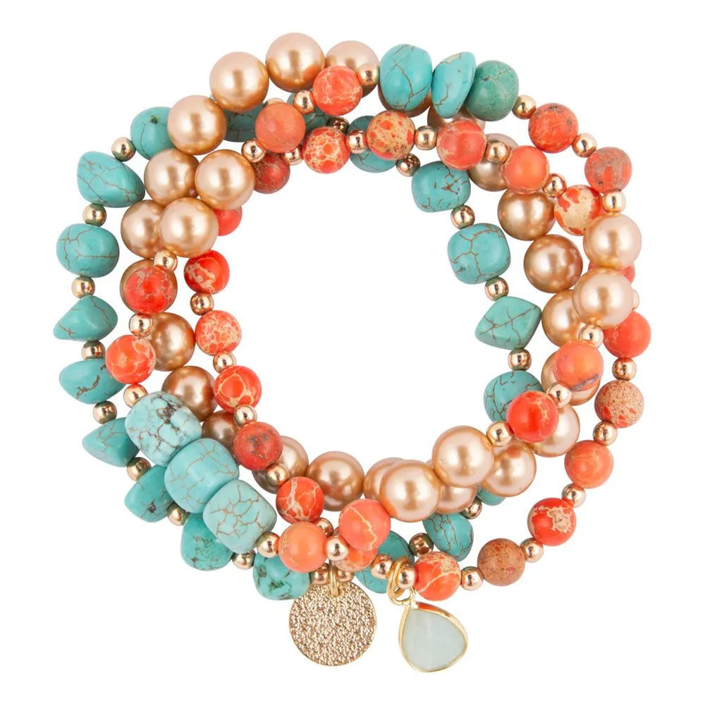 Canyon Blue Magnesite and Orange Jasper Golden Stretch Bracelet Set sold by Barse