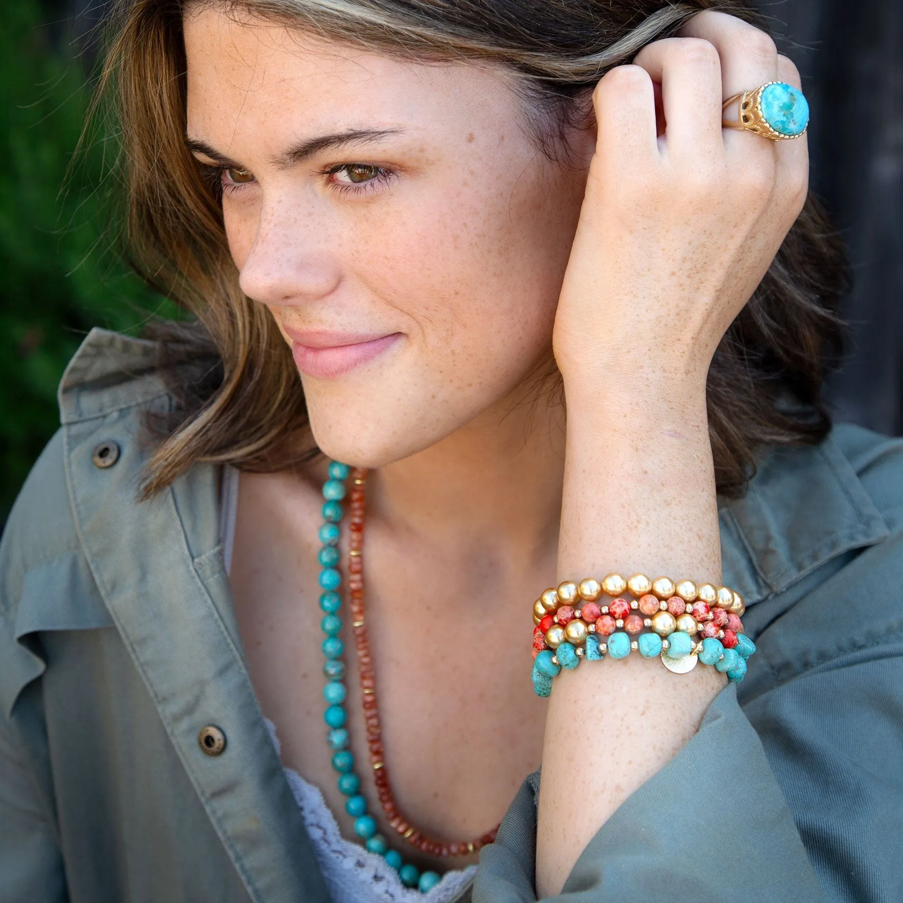 Canyon Blue Magnesite and Orange Jasper Golden Stretch Bracelet Set sold by Barse product image thumbnail 4