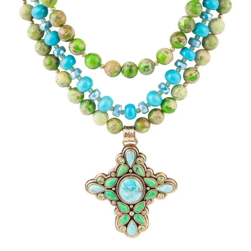 Legacy Lime Green and Blue Turquoise Golden Cross Pendant Statement Necklace sold by Barse