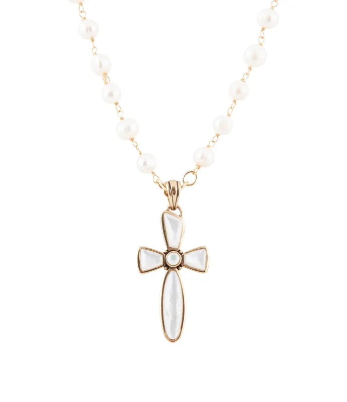 Las Cruces White Pearl Cross Pendant Necklace sold by Barse