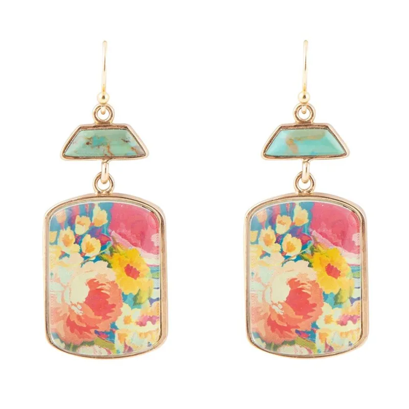 Scenic Floral Blue Turquoise Golden Earrings sold by Barse