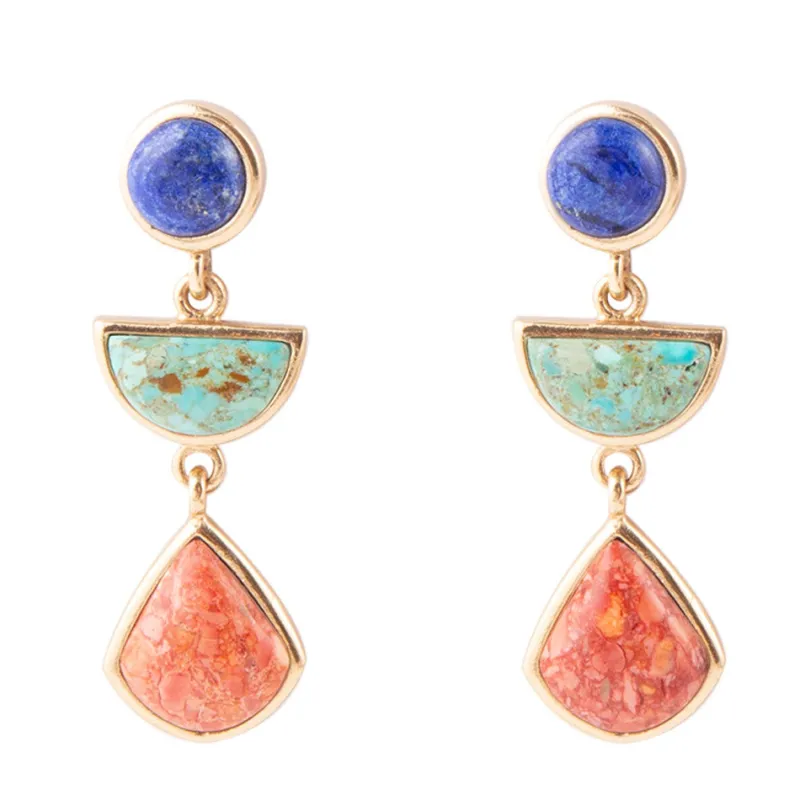 Blue Lapis Turquoise and Orange Sponge Coral Colorful Golden Drop Earrings sold by Barse