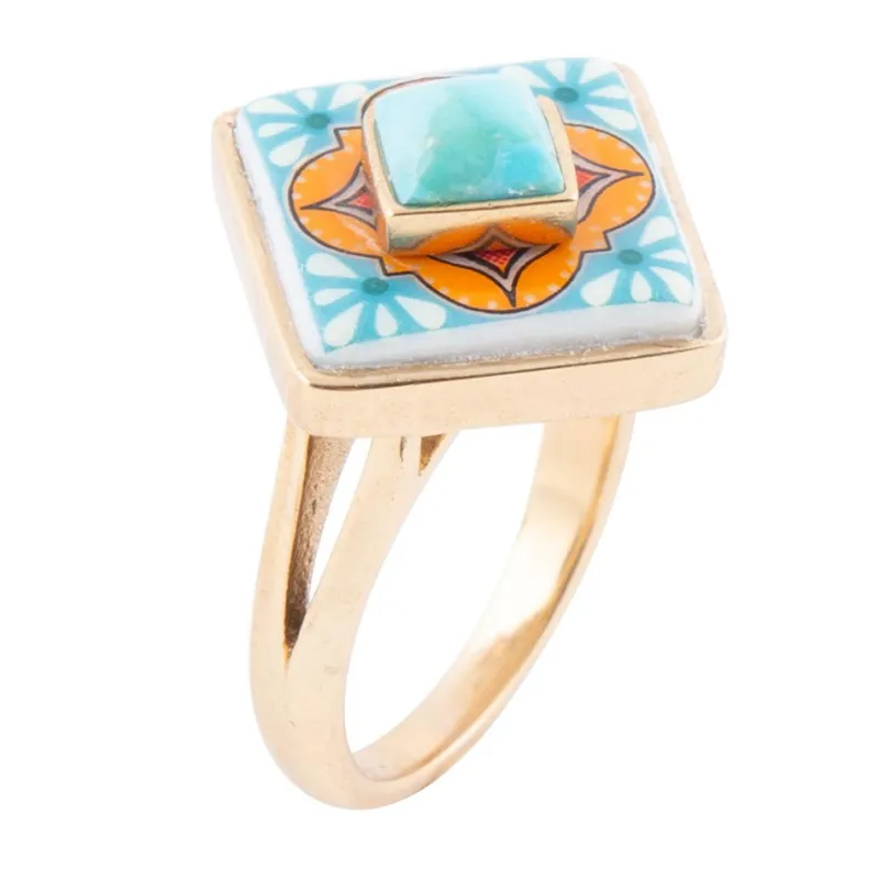 Talavera Tile Blue Turquoise Golden Ring sold by Barse