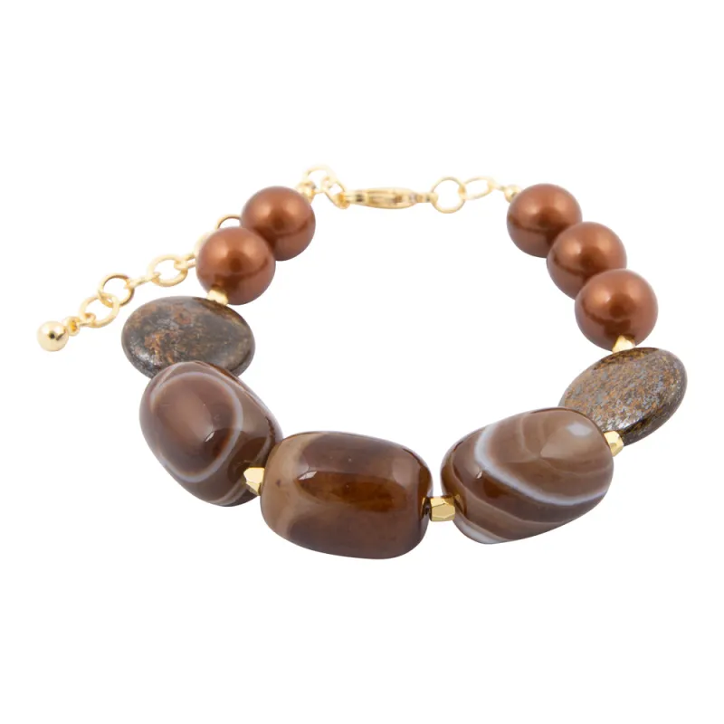 Mocha Brown Agate and Bronzite Golden Bracelet sold by Barse