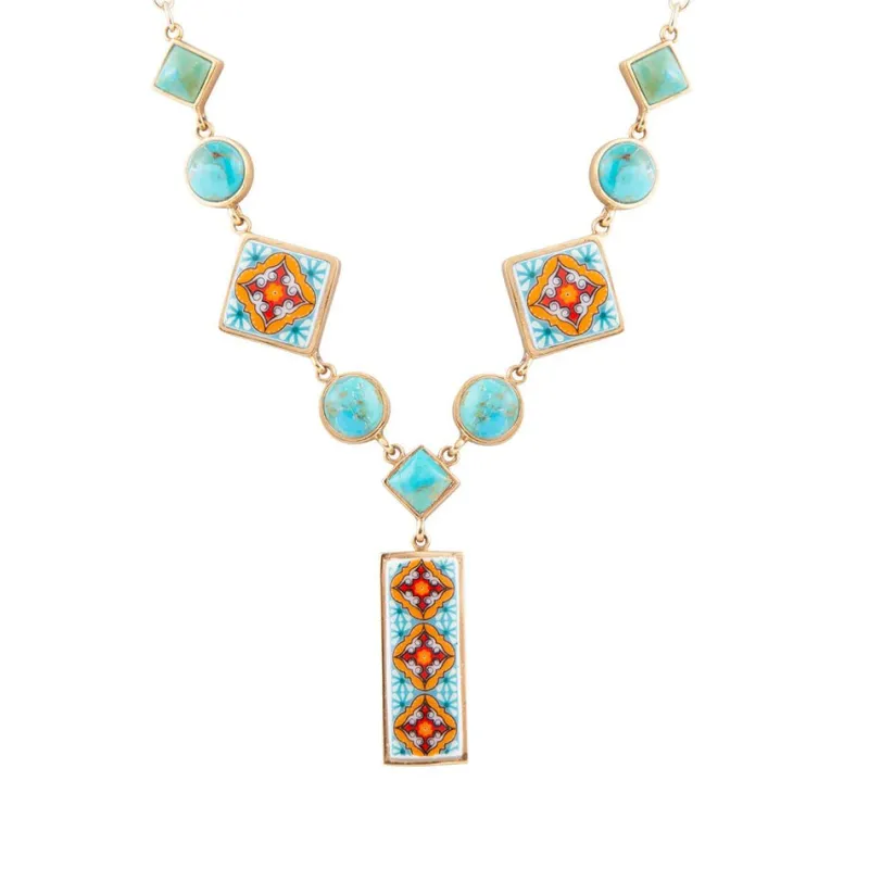Talavera Tile and Blue Turquoise Golden Y-Neck Necklace sold by Barse