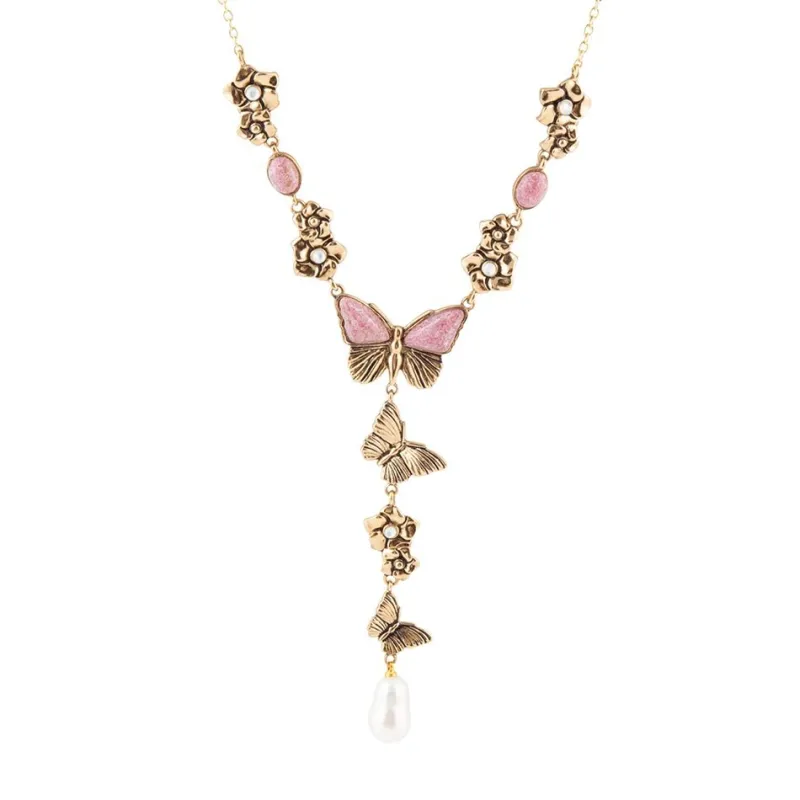 Pink Rhodonite and White Pearl Golden Butterflies Y Necklace sold by Barse