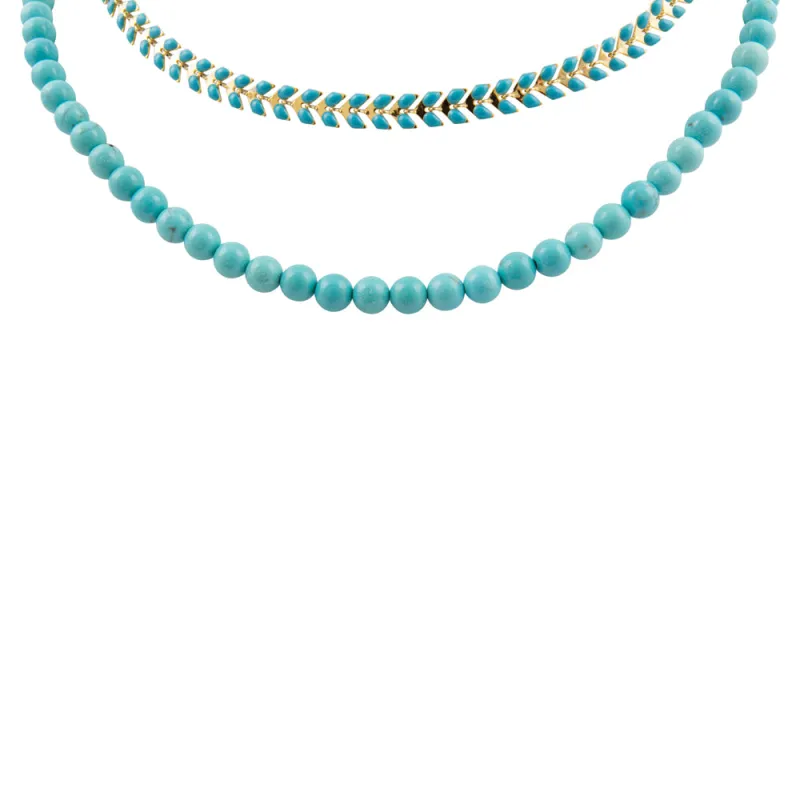Blue Turquoise Magnesite Layers Golden Chevron Necklace sold by Barse