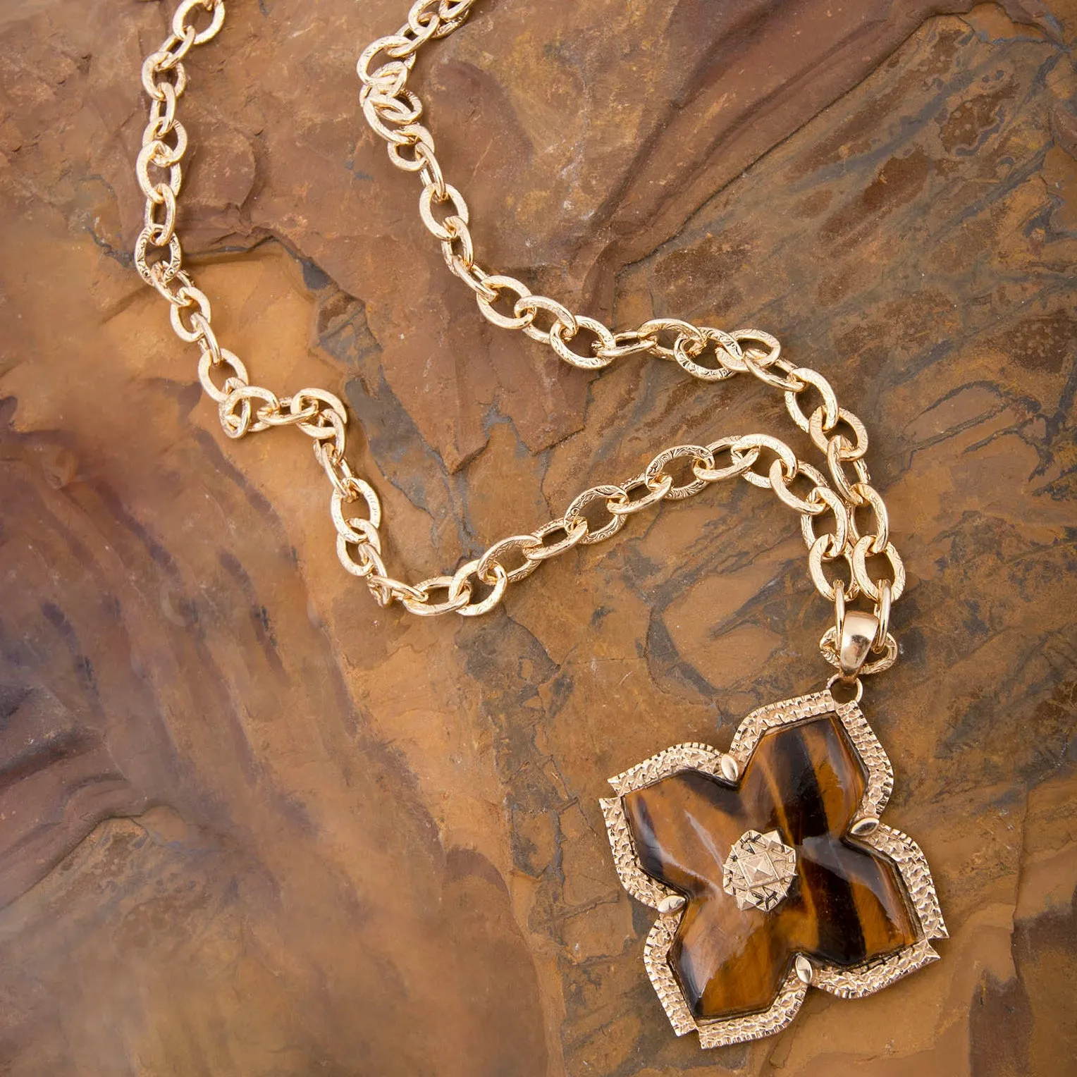 Brown Tiger's Eye Cross Golden Pendant Necklace sold by Barse product image thumbnail 3