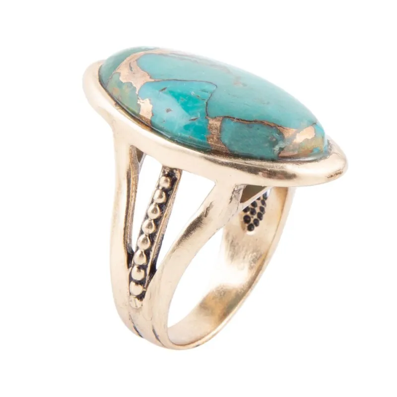 Blue Turquoise and Bronze Matrix Golden Oval Ring made by Barse