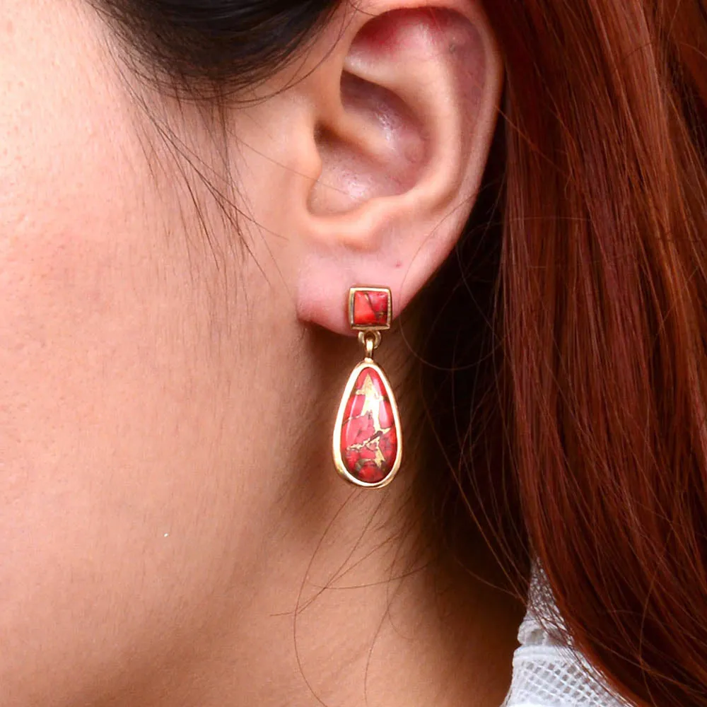 Scarlet Red Metal Infused Magnesite Post Golden Drop Earrings sold by Barse product image thumbnail 2