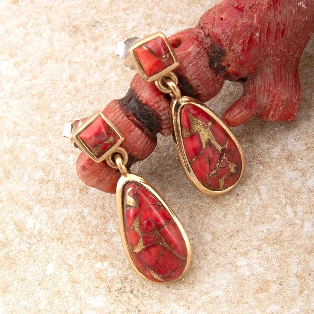 Scarlet Red Metal Infused Magnesite Post Golden Drop Earrings sold by Barse product image thumbnail 3