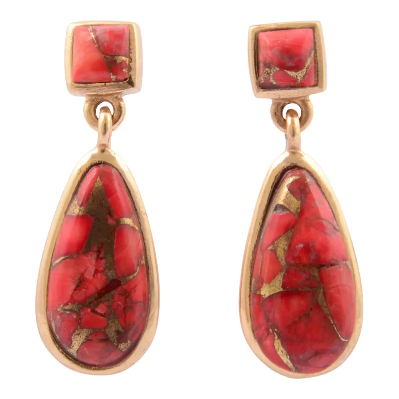 Scarlet Red Metal Infused Magnesite Post Golden Drop Earrings sold by Barse